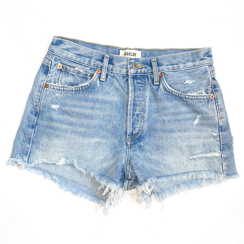 AGOLDE Denim Parker clutch distressed frayed high rise waisted blue jean shorts - Picture 4 of 8